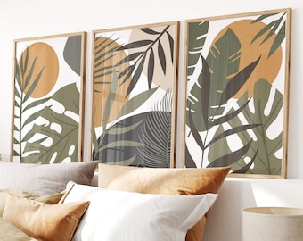 Boho Tropical Leaf Art Prints: Beige Green Set of 3 (Digital Download)