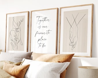 Beige Bedroom Prints Set: Line Art, Couple Hands (Digital Download)