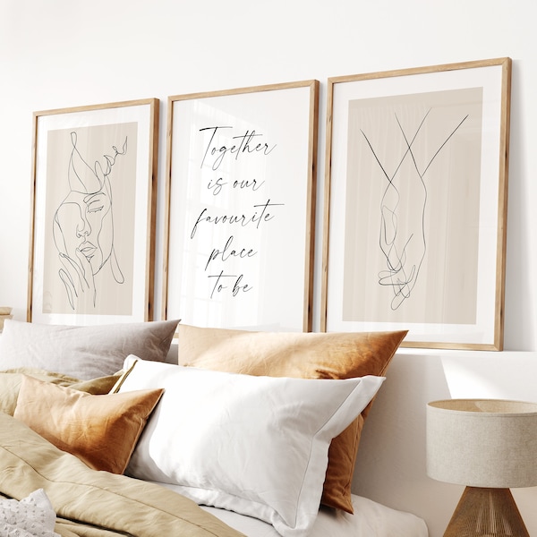 Together Is Our Favourite Place To Be set of 3, bedroom prints, beige neutral, above the bed decor, Digital Download
