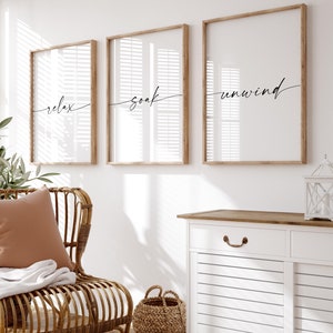 Set di 3 stampe per il bagno: Relax, Soak, Unwind, Arte da parete, Download digitale, Decorazione minimalista
