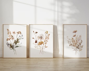 WildFlowers Art Watercolour set of 3 prints, neutral botanical boho printable wall art, Digital Download