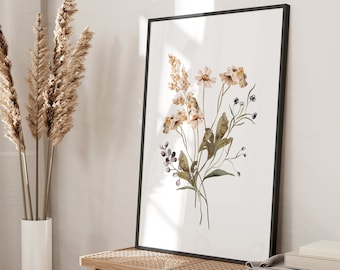 Aquarelprint wilde bloemen | Neutrale botanische boho-muurkunst (digitale download)