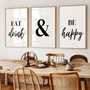 Kitchen Wall Art, Set of 3 posters, Dining room decor, eat drink and be happy, Digital Download