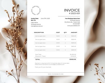 May include: A minimalist invoice template with a white background and black text. The invoice number is #2023-001. The invoice date is June 27th, 2023. The invoice includes a description of services, cost, quantity, and amount. The total amount is $1000.00.