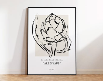 May include: Black and white line art print of an artichoke on a beige background. The print has the text "Le Jardin Fleuri Collection 'ARTICHAUT' NO 03" at the bottom.