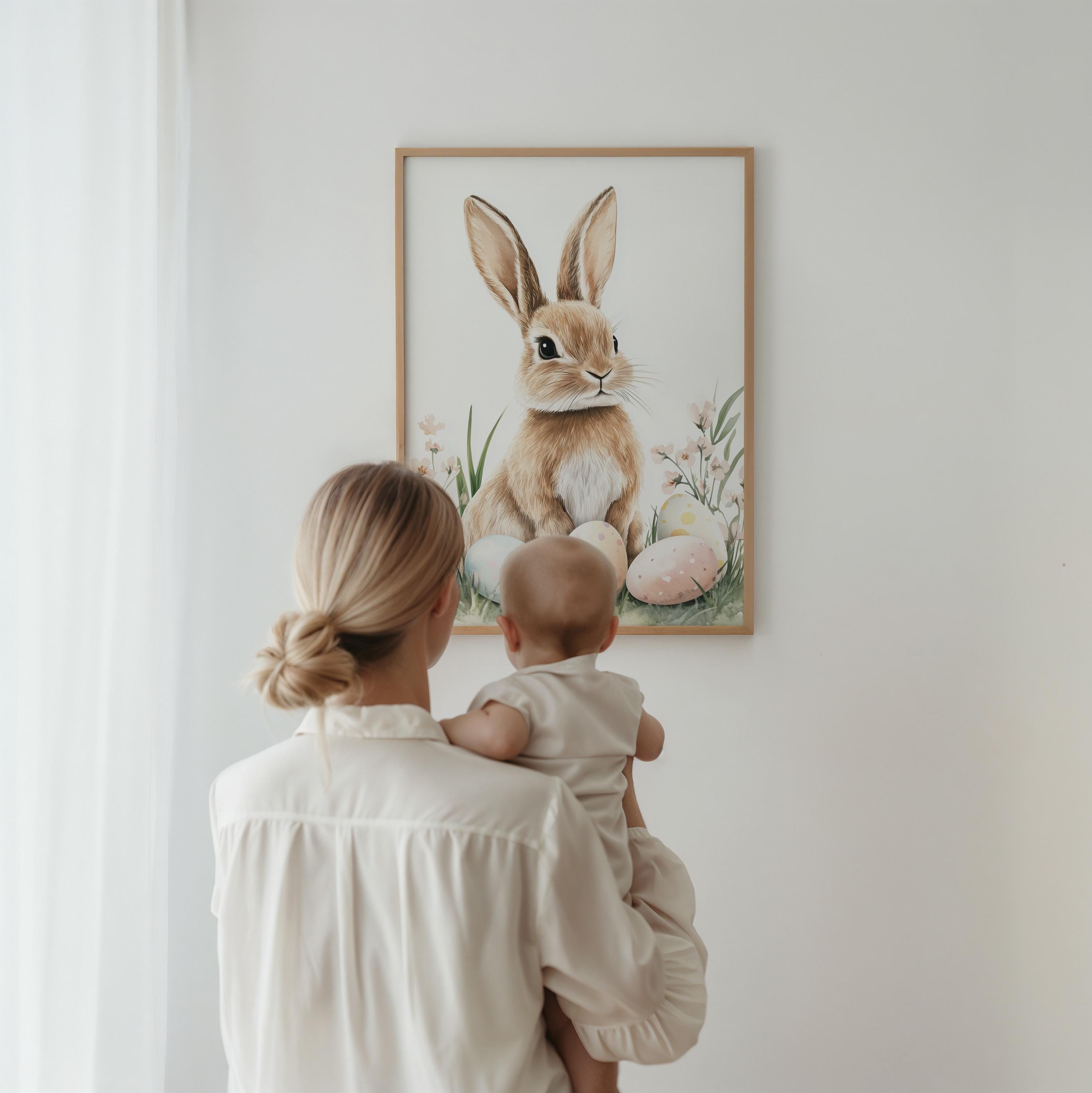 うさぎと子供の水彩画 水彩画のウサギのプリント - イースターのウォールアート、子供部屋の