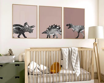 Pink Dinosaur Nursery Wall Art Set (Digital Download)