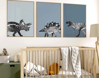 Dinosaur Wall Art Set, Modern Moody Blue Toddler Nursery Prints (Digital Download)