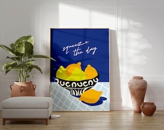 Lemon Kitchen Artwork, Blue Mediterranean Wall Decor, Italian Citrus Poster (Digital Download)