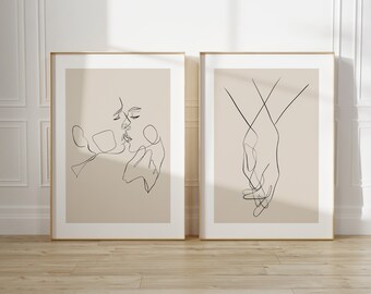Minimalist Couples Line Art Prints: Beige Bedroom Decor (Digital Download)