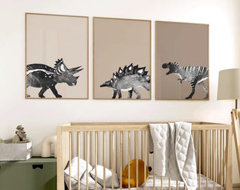 Neutral Dinosaur Nursery Prints (Set of 3) – Beige Dino Wall Art (Digital Download)