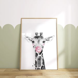 Giraffe Blowing Bubble Gum Print: Safari Nursery Wall Art (Digital Download)