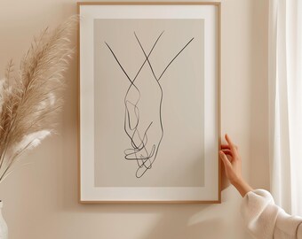 手を繋ぐ線画アートプリント：ミニマリストベージュインテリア（デジタルダウンロード）