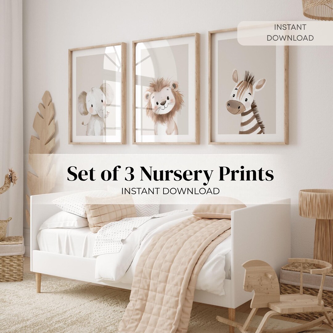 Safari Nursery Wall Art Set of 3 Baby Animal Prints Neutral Boho Kids ...