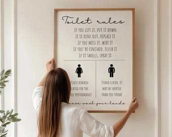 Toilet Rules Print, Funny Bathroom Wall Art, Wash Your Hands Sign, Guest Bathroom Decor, Neutral Bathroom Poster Digital download
