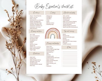 Könnte beinhalten: Eine druckbare Checkliste für Baby-Essentials mit einer Regenbogen-Illustration. Die Checkliste ist in Kategorien unterteilt: Unterwegs, Kleidung, Gesundheit und Sicherheit, Kinderzimmer und Dekoration, Stillen und Füttern, Spielzeug und Lernen, Badezeit und Sonstiges.