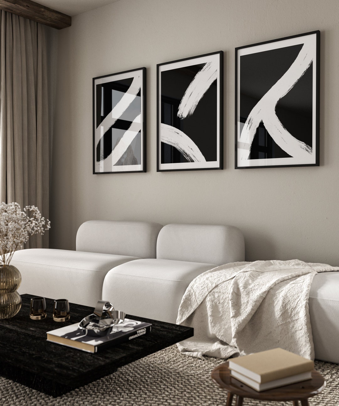Abstract Brush Stroke Art Prints: Black and White Set of 3 (digital ...