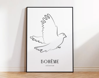 Minimalist Flying Bird Line Art Print on White Background, Printable wall art, Instant Download