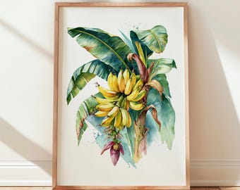 Botanical Banana Tree Print, Tropical Leaves Watercolor Art (Digital Download)