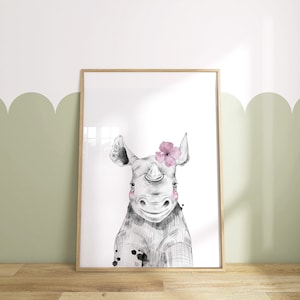 Rhino with pink flower, safari animals, nursery wall art, Printable wall art, Instant Download