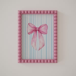 Preppy Pink Bow Wall Art Printable Set for Teen Bedroom Decor – Blue Stripe & Girly Nursery Prints Digital Download