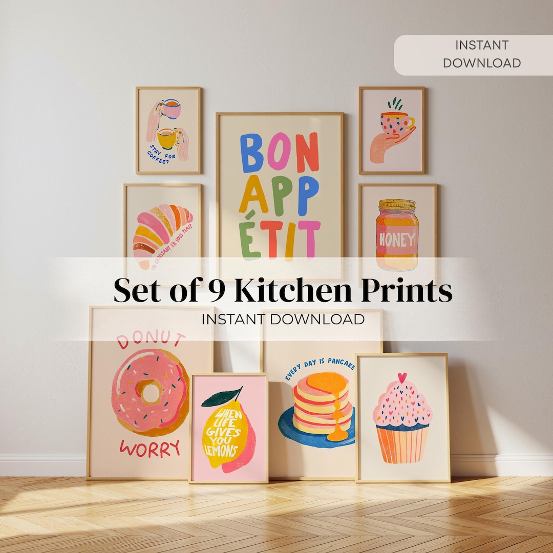Set of 9 Colorful Foodie Kitchen Prints, Retro Gallery Wall Art ...