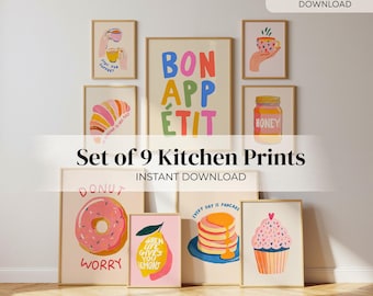 Set of 9 Colorful Foodie Kitchen Prints, Retro Gallery Wall Art (Digital Download)