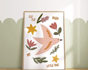 Fly High Little One Printable Wall Art, Bird Affirmation Print, Neutral Nursery Digital Download