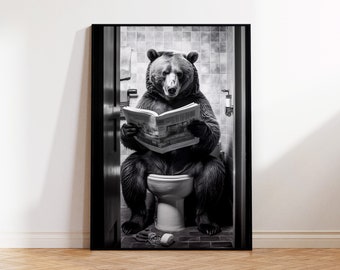Impression d'art drôle de salle de bain ours, décoration murale humour toilette, téléchargement immédiat, affiche de salle de bain imprimable