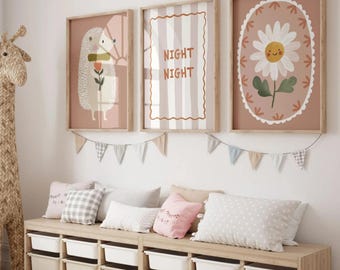 Boho Hedgehog Daisy Nursery Prints, Neutral Woodland Baby Room Decor (Digital Download)