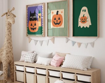 Halloween Printable Wall Art Set, Spooky Ghost, Pumpkin, Black Cat (Digital Download)