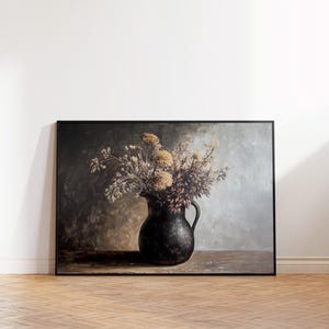 Dark Floral Autumn Painting Printable, Rustic French Country Cottage Botanical Wall Art, Moody Warm Digital Downloadable Decor