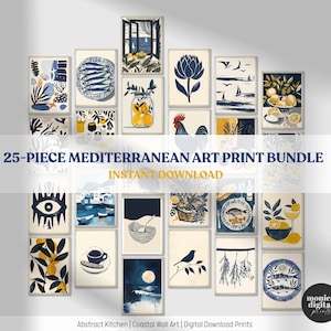 Gravuras de arte para cozinha mediterrânea: decoração costeira em azul-marinho e amarelo (download digital)