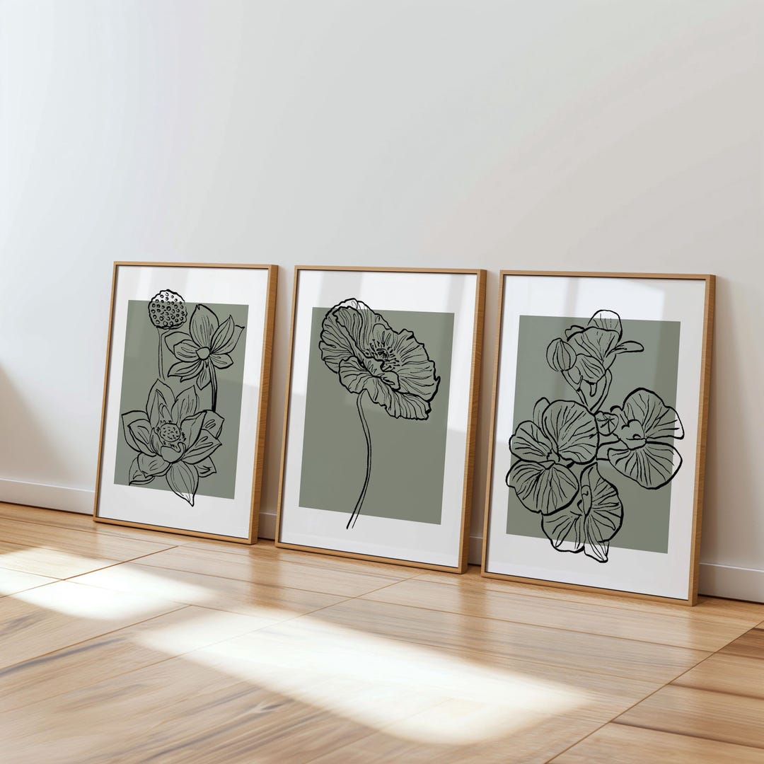 Sage Green Botanical Line Art Prints | Minimalist Nature Decor Set of 3 ...