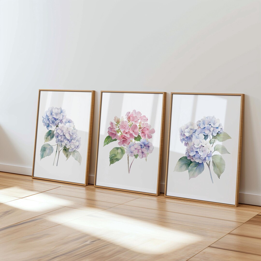 Hydrangea Wall Art Set of 3 Botanical Watercolor Floral Prints ...