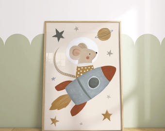 Space Theme Astronaut Mouse Nursery Wall Art, Rocket Ship Kids Room Print Digital Download