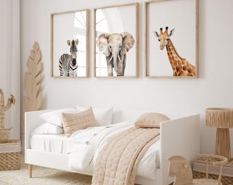 Safari Animal Nursery Prints: Giraffe, Zebra, Elephant Wall Art – Digital Download for Baby Room