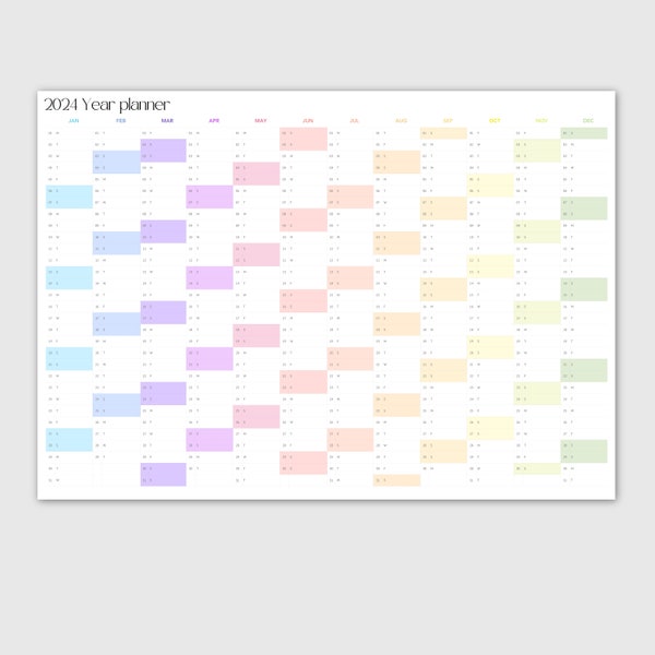 2024 Year Planner Calendar Printable Poster - A2, A1, A0 Sizes - Minimalist Design with Weekend Gradient, Digital download