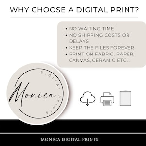 May include: A white circle with black text that reads "DIGITAL PRINTS" and "Monica" in cursive. The text is surrounded by a black circle. Below the circle is the text "MONICA DIGITAL PRINTS". The image also includes three icons: a cloud with a downward arrow, a printer, and a framed picture.