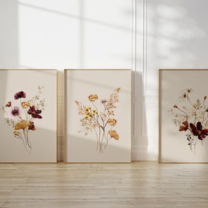 WildFlowers Art Watercolour set of 3 prints, neutral botanical boho printable wall art, fall wall art, Digital Download