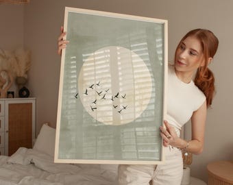 Sage Green Moon Print: Japanese Birds Art (Digital Download)