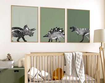 Neutral Dinosaur Nursery Prints | Triceratops, Stegosaurus, T-Rex Wall Art (Digital Download)