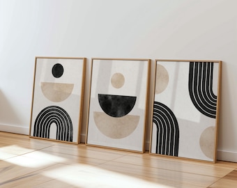 Geometryczne grafiki z połowy XX wieku: zestaw 3 abstrakcyjnych grafik ściennych (do pobrania w wersji cyfrowej)