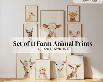 Set of 11 Watercolor Farm Animal Nursery Prints | Barnyard Wall Art (Digital Download)