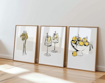 Väggkonsttryck för kök: Pasta, Cocktails, Citroner (digital nedladdning)