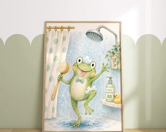 Funny Frog Shower Art, Watercolor Animal Toilet Print (Digital Download)