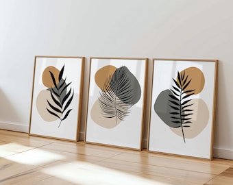 Boho Leaf Abstract Art Prints: Beige & Green Set of 3 (Digital Download)