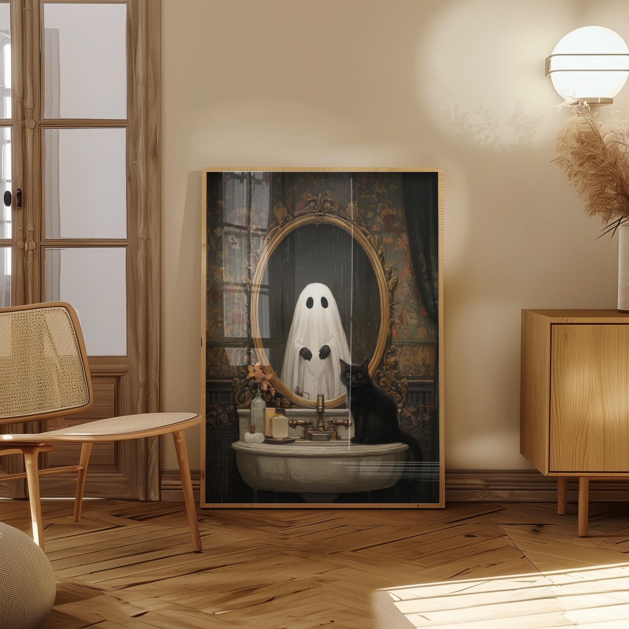 Vintage Ghost Bathroom Prints: Spooky Black Cat Halloween Art (set of 3 ...