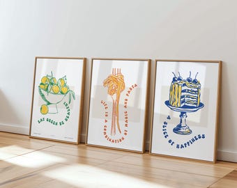 Kitchen Wall Art Set of 3, Pasta Citrus Cocktail Prints, Mid Century Modern (Digital Download)