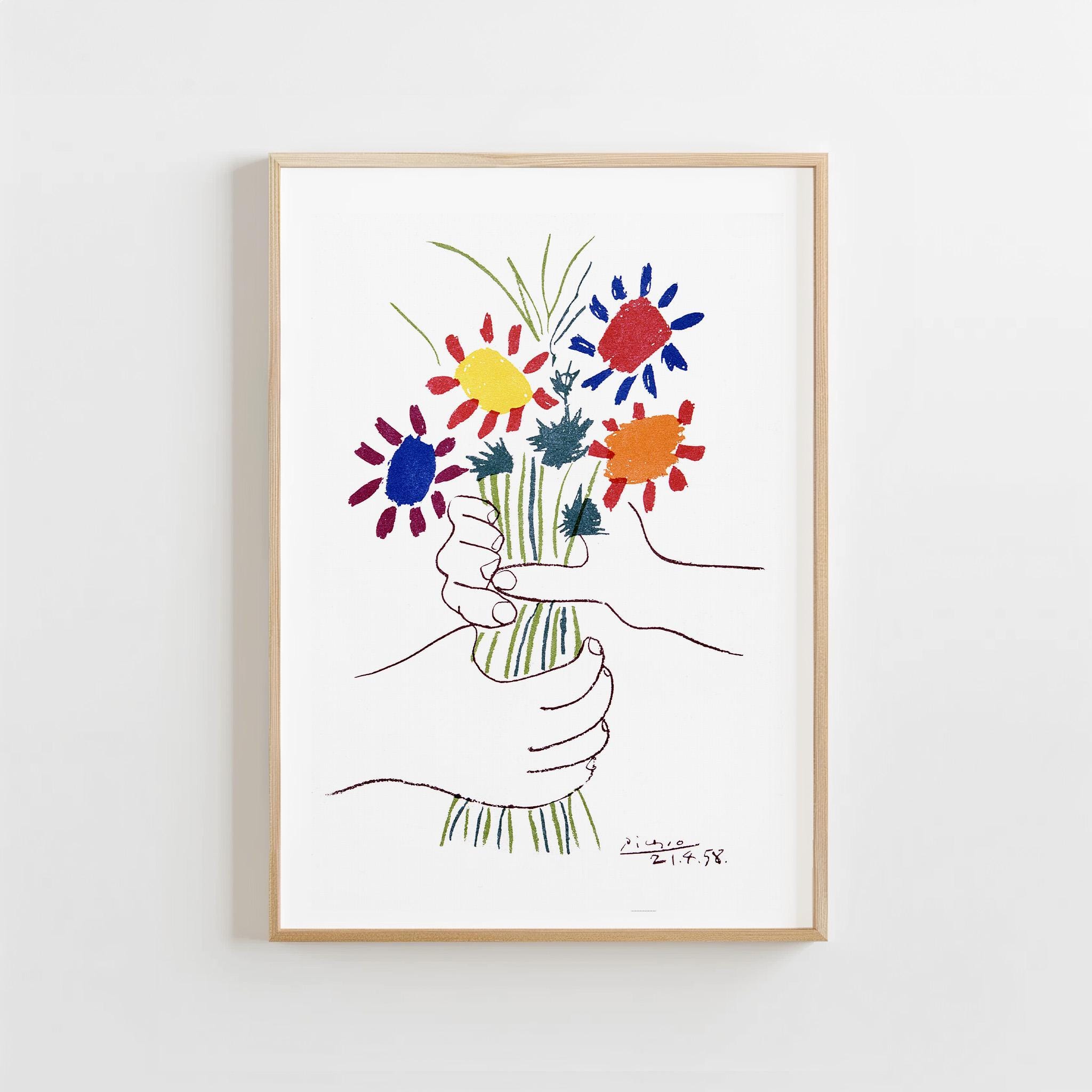 ピカソの版画、平和の花束、花、ヴィンテージ線画ポスター、デジタル